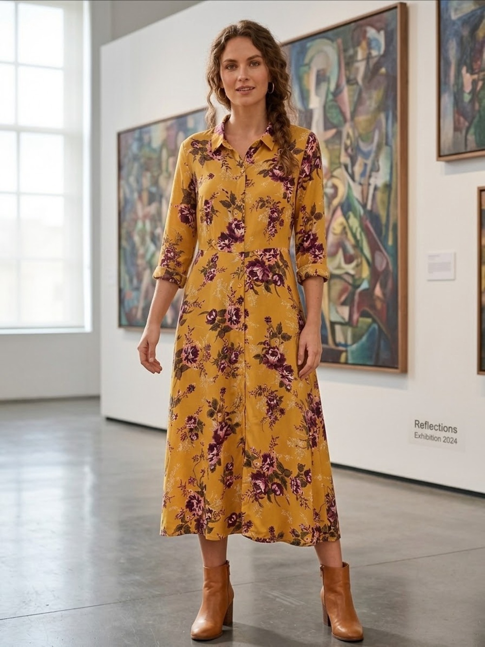 Time and Tru Ochre Floral Button Front Maxi Shirt Dress M